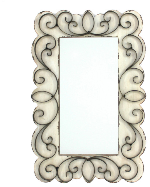 Rectangular Wall Mirror With Wooden Frame And Metal Scrolled Edges