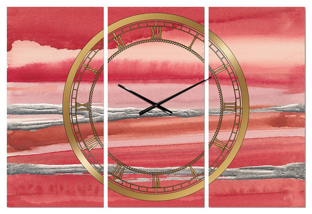 Metallic Glam On Red Glam 3 Panels Metal Clock