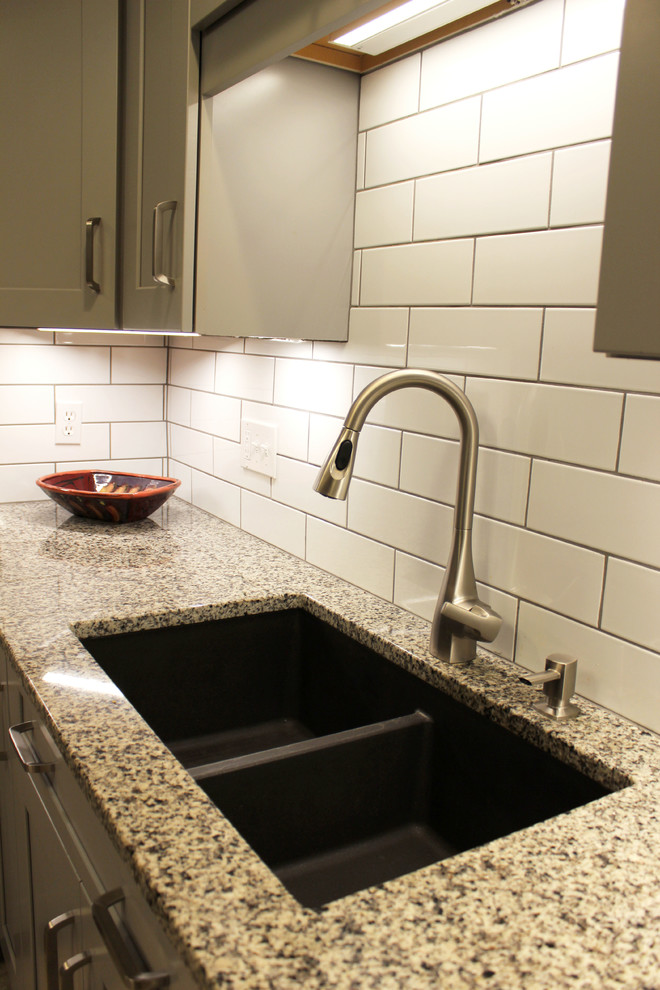 Grey Kitchen with White Subway Tile Backsplash and Granite ...