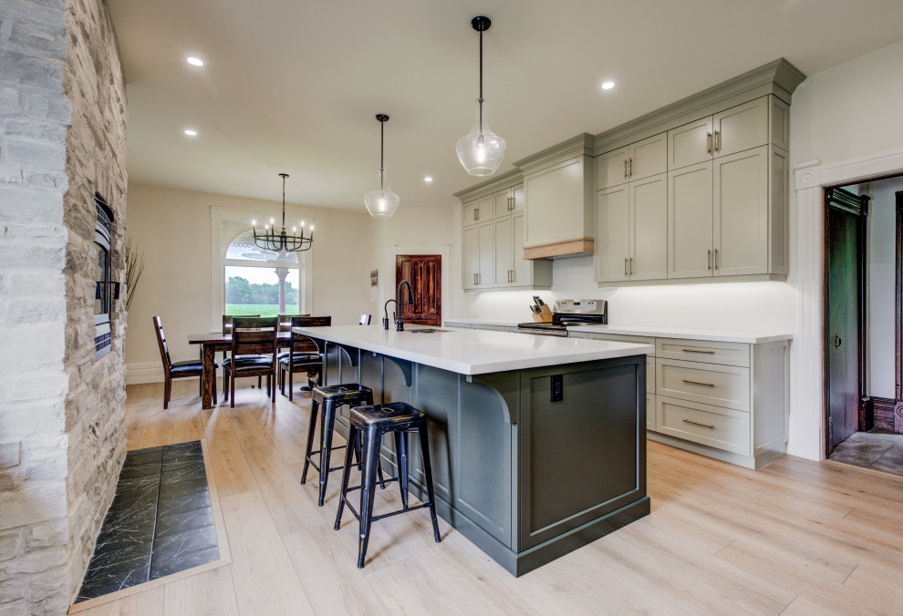 Eat-in kitchen - mid-sized traditional single-wall light wood floor eat-in kitchen idea with shaker cabinets, gray cabinets, quartz countertops, stainless steel appliances, an island and gray countertops
