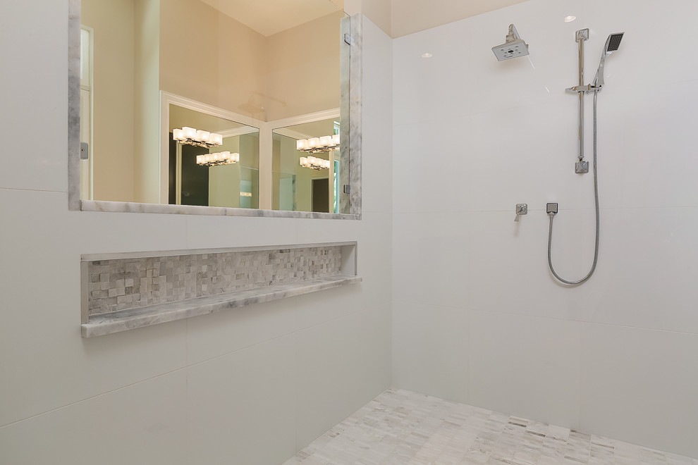 This is an example of a large tropical bathroom in Miami with gray tile, ceramic tile, grey walls, ceramic floors, tile benchtops and with a sauna.