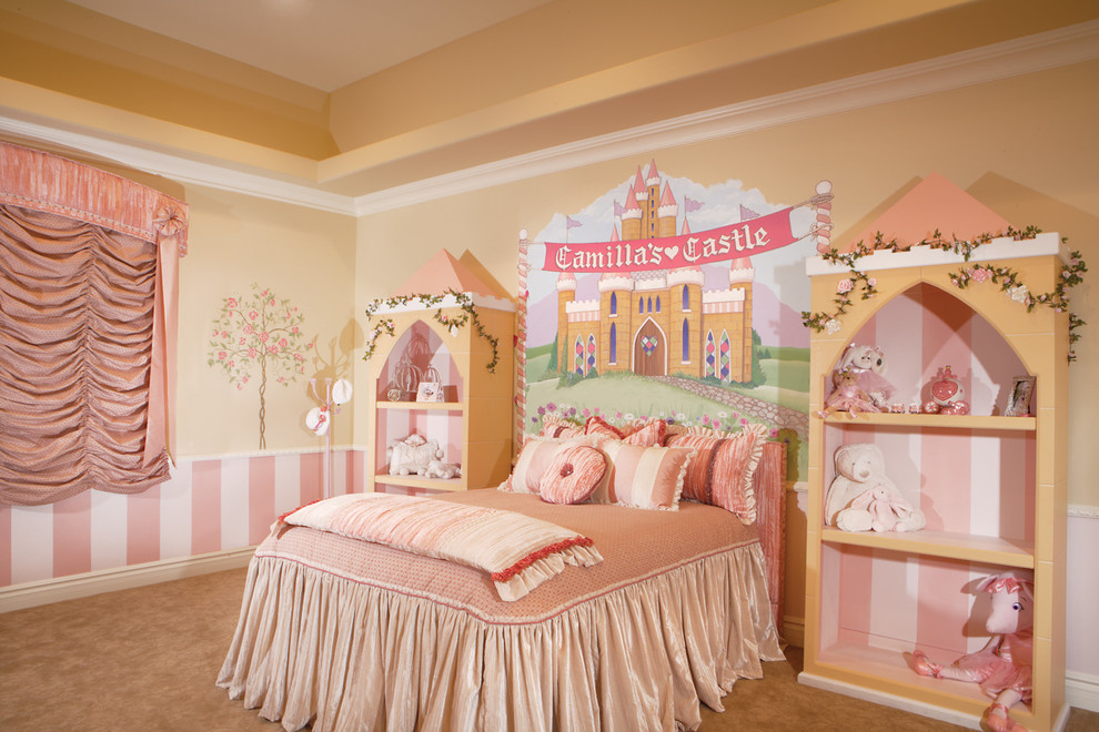Bedroom and huge transitional girl carpeted kids' bedroom photo in Phoenix with multicolored walls