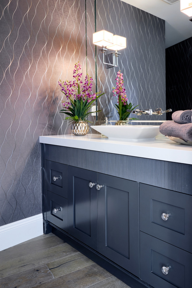 Example of a transitional single-sink bathroom design in Phoenix with shaker cabinets, black cabinets and a built-in vanity