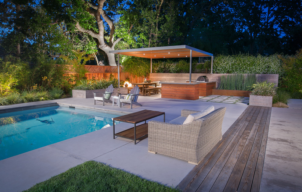 Design ideas for a large contemporary backyard patio in San Francisco with an outdoor kitchen and concrete pavers.