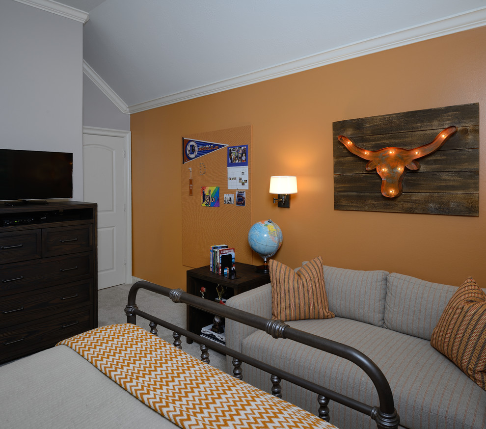 This is an example of a mid-sized contemporary kids' room for boys in Houston with carpet and multi-coloured walls.