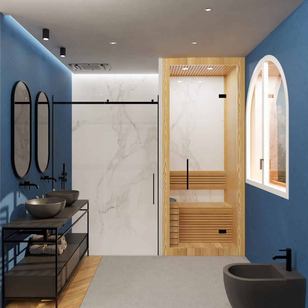 Пример оригинального дизайна: большая баня и сауна в современном стиле с плоскими фасадами, черными фасадами, ванной в нише, душем без бортиков, раздельным унитазом, разноцветной плиткой, керамогранитной плиткой, разноцветными стенами, бетонным полом, настольной раковиной, столешницей из искусственного камня, серым полом, душем с раздвижными дверями, серой столешницей, тумбой под две раковины, напольной тумбой, многоуровневым потолком и кирпичными стенами