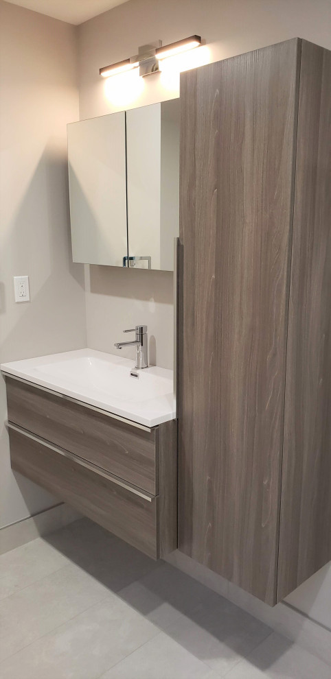 Large transitional walk-out porcelain tile, white floor and single-sink bathroom photo with white walls, medium tone wood cabinets, quartzite countertops, white countertops and a floating vanity