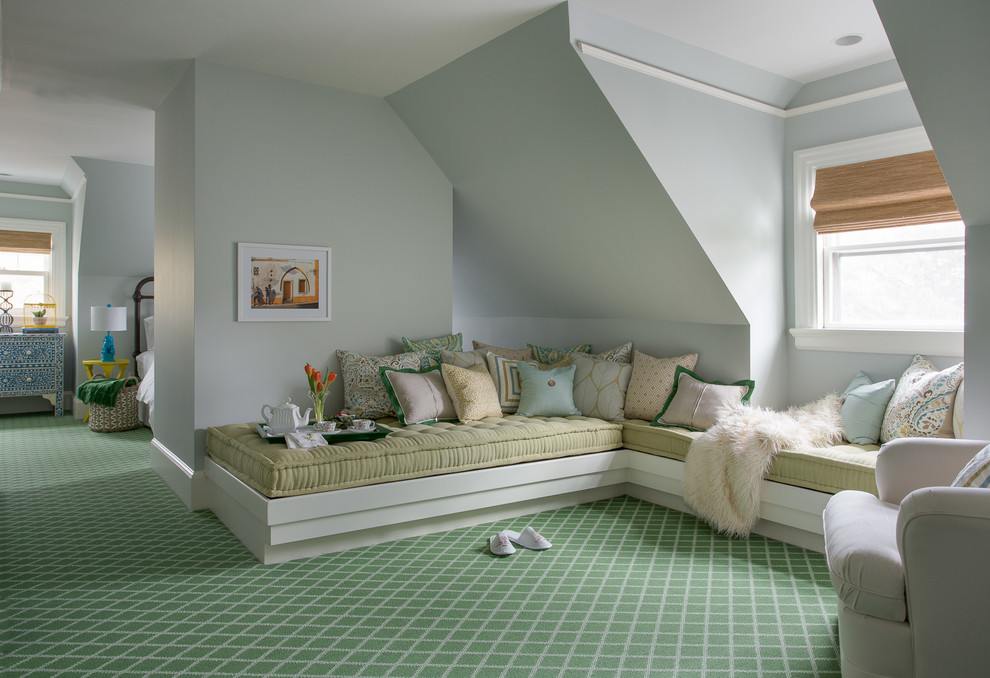 Design ideas for a large traditional guest bedroom in Boston with blue walls, carpet and green floor.