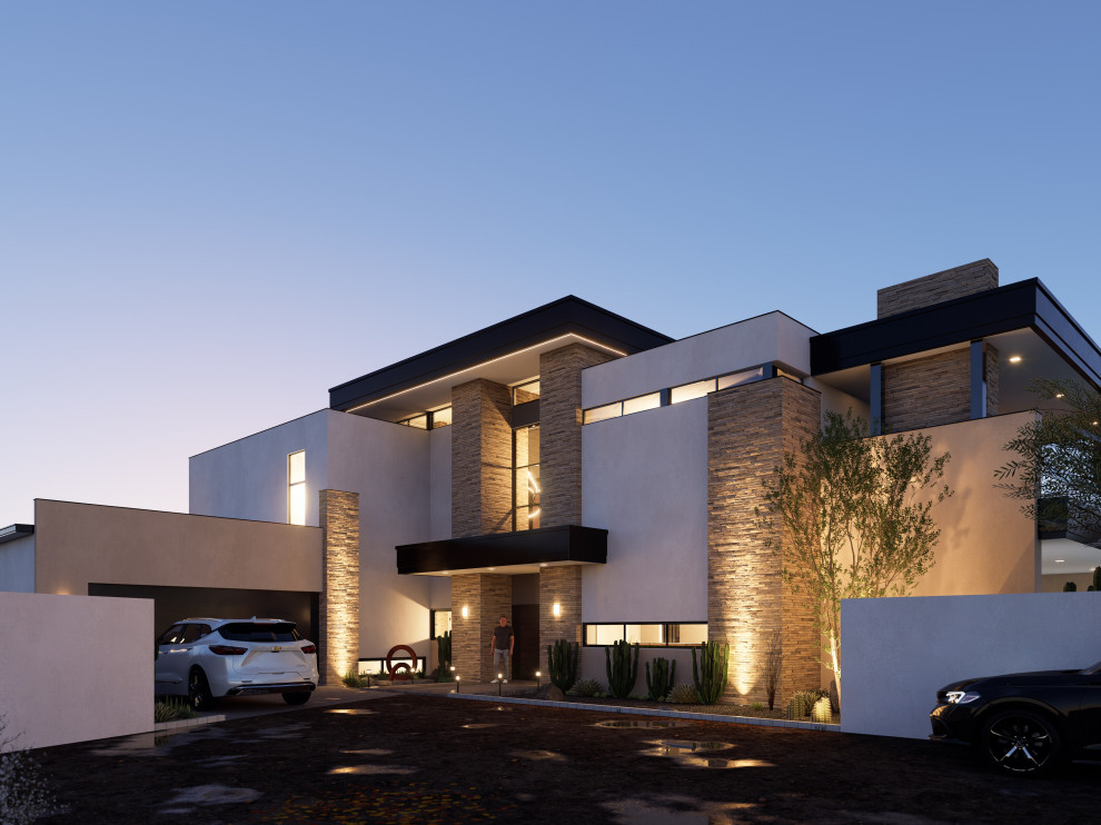 Diseño de fachada de casa blanca y blanca contemporánea extra grande de dos plantas con revestimientos combinados, tejado plano, tejado de varios materiales y escaleras