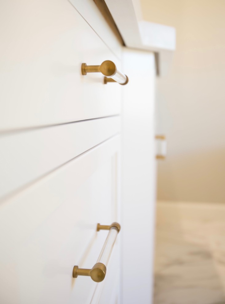 Home design - transitional master white tile and stone tile marble floor home design idea in Phoenix with recessed-panel cabinets, white cabinets, gray walls, an undermount sink and quartz countertops