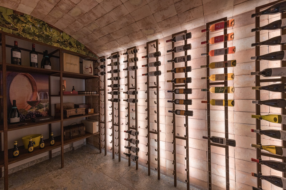 This is an example of a large industrial wine cellar in Other with porcelain floors and multi-coloured floor.