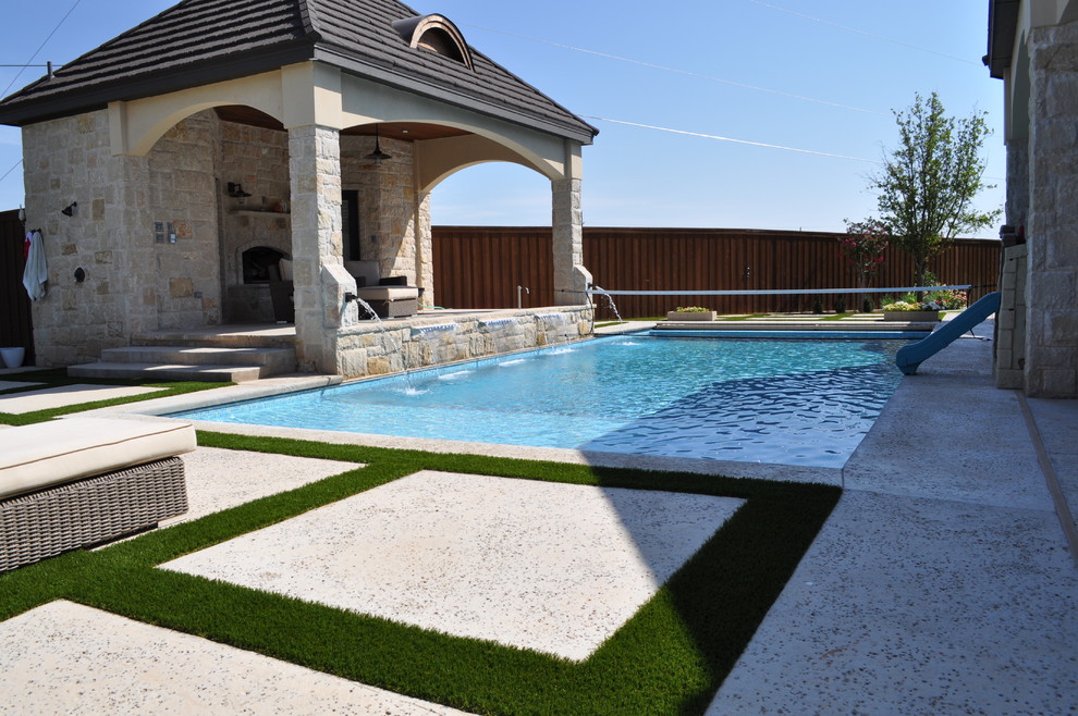 Inspiration for a large transitional backyard rectangular lap pool house remodel in Austin