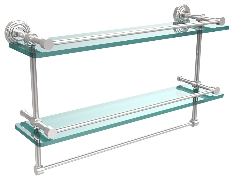 22" Gallery Double Glass Shelf With Towel Bar, Antique Brass Transitional Bathroom Shelves