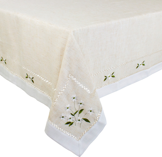 Farmhouse Embroidered Daisy Hemstitched Tablecloth, Natural, 55"x55"