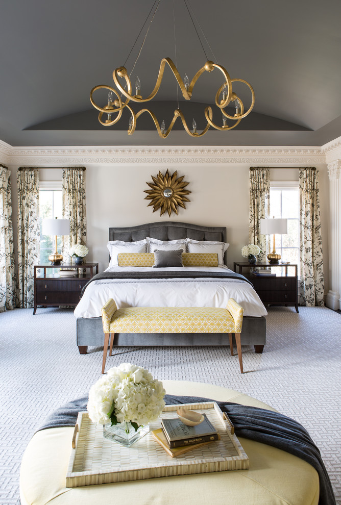 Inspiration for a large traditional master bedroom in DC Metro with beige walls, dark hardwood floors and no fireplace.