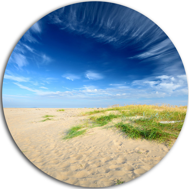 Baltic Sandy Beach, Landscape Photo Round Metal Wall Art Beach Style