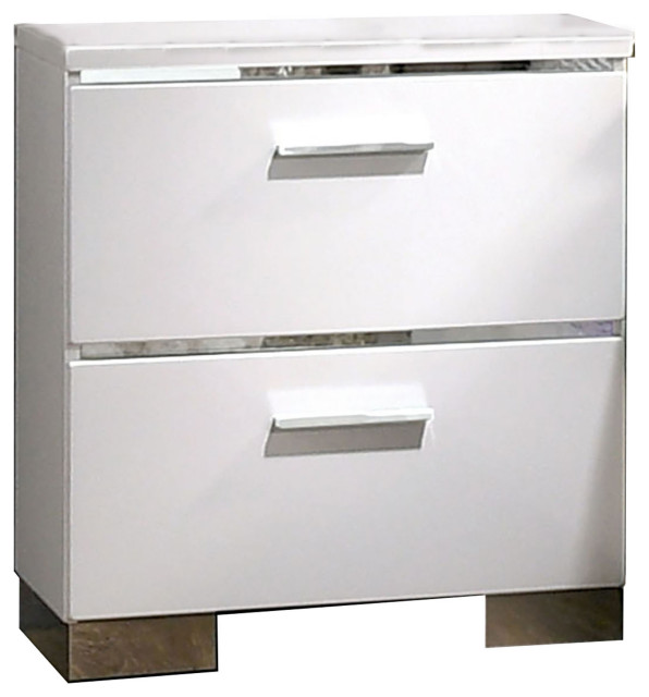 Wood And Metal Nightstand With 2 Drawers, White And Silver