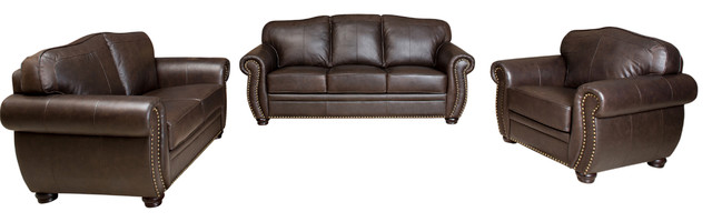 Palazzo 3 Piece Leather Living Room Set Brown Traditional Living Room Furniture Sets By Abbyson Living
