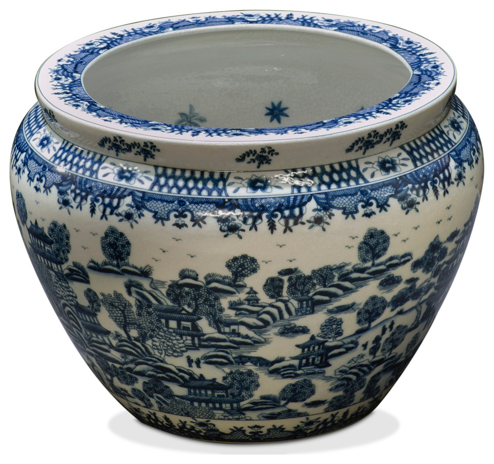 15 Inch Blue and White Porcelain Canton Scenery Oriental Fishbowl Planter, Without Stand