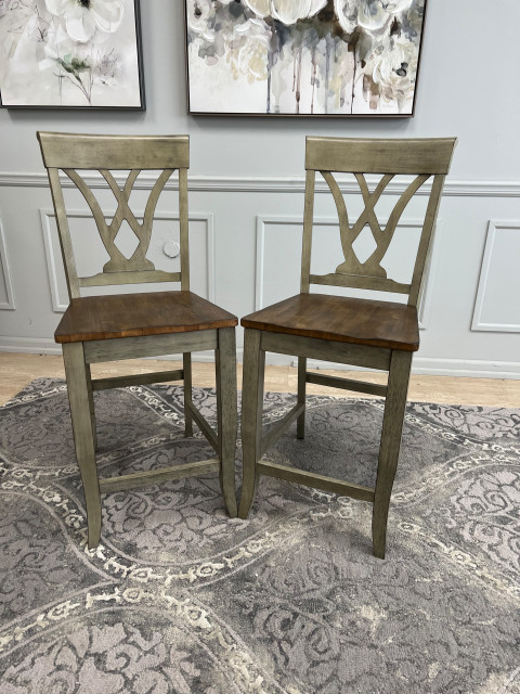 Pair of Solid Wood Bar Stool, Gray and Brown, Counter Height ...