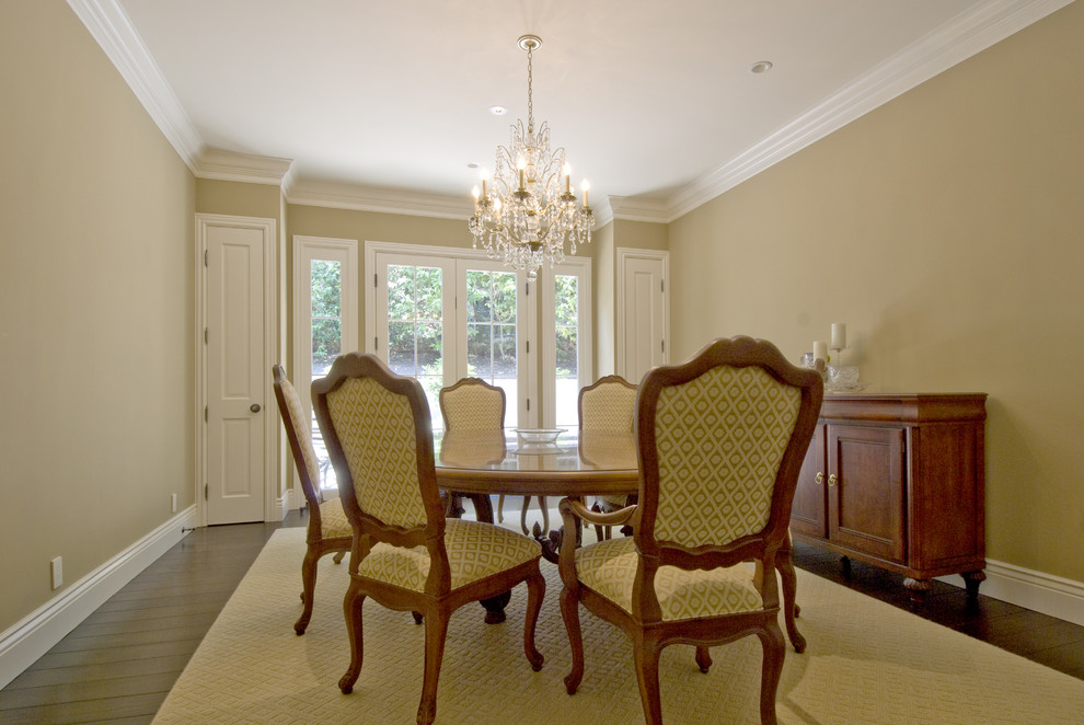 Design ideas for a traditional dining room in San Francisco with beige walls and dark hardwood floors.