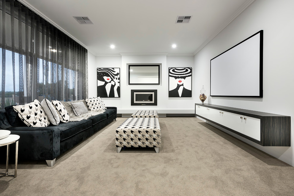 Mid-sized contemporary open concept home theatre in Perth with white walls, carpet and a projector screen.