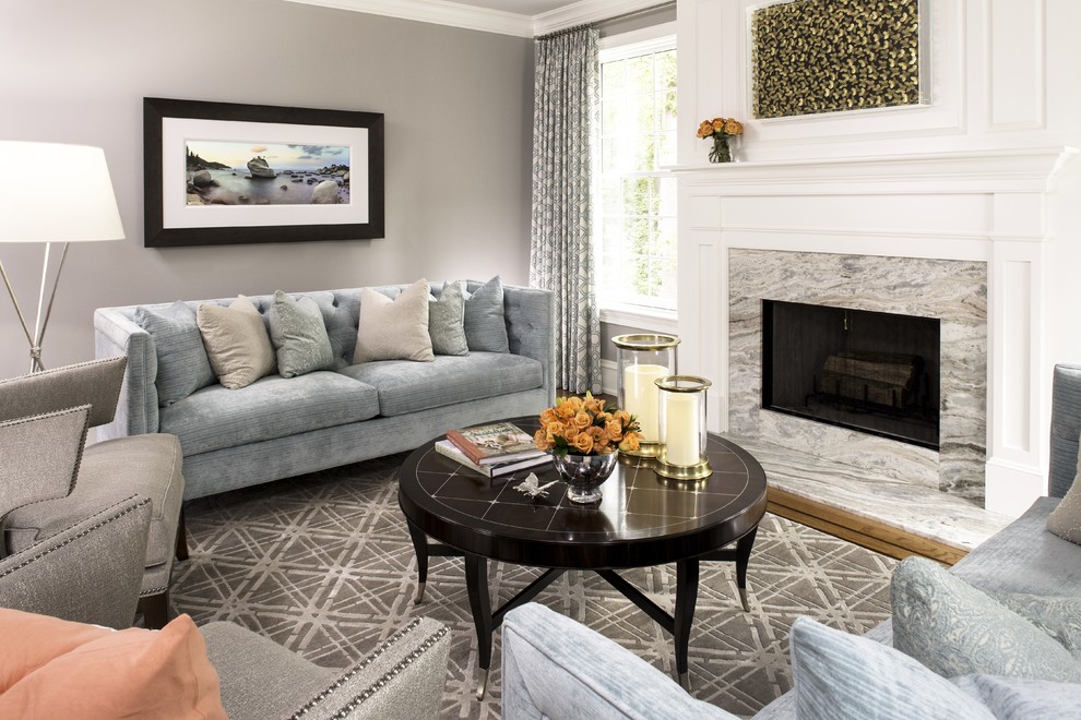 Mid-sized transitional formal enclosed living room in Philadelphia with medium hardwood floors, a standard fireplace, no tv, grey walls and a tile fireplace surround.