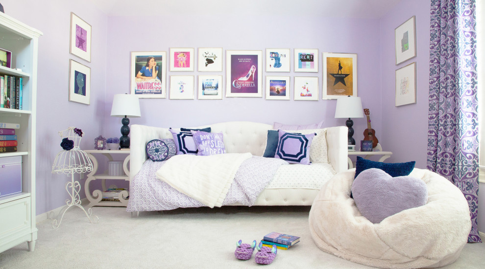 The Davis Home - Girls Bedroom who loves musical theatre. Painted in Sherwin Williams potentially Purple. Upholstered Daybed Custom Drapery and nightstands.