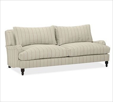 Carlisle Upholstered Grand Sofa, Down-Blend Wrap Cushions, Pick-Stitch Stripe Ru