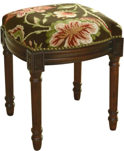 Vanity Stool Jacobean Floral Flowers Brown Wood Stain Upholstered