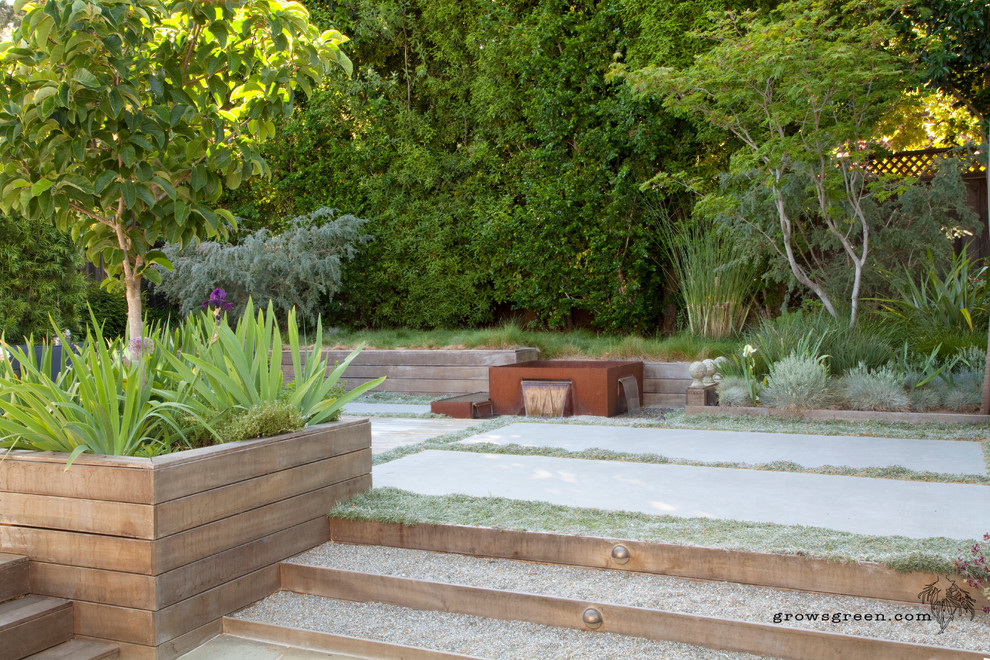 This is an example of a mid-sized scandinavian backyard full sun xeriscape in San Francisco with a fire feature and concrete pavers.