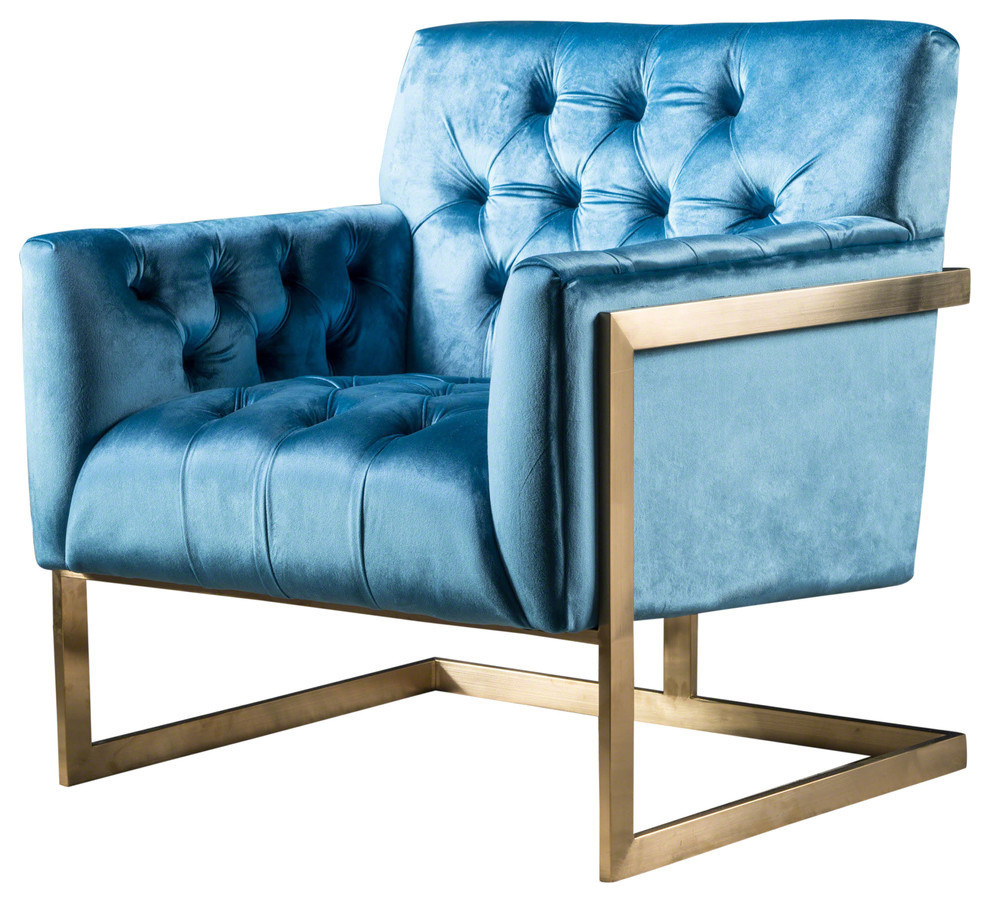GDF Studio Brenda New Velvet Club Chair With Stainless Steel Frame, Aqua/Gold