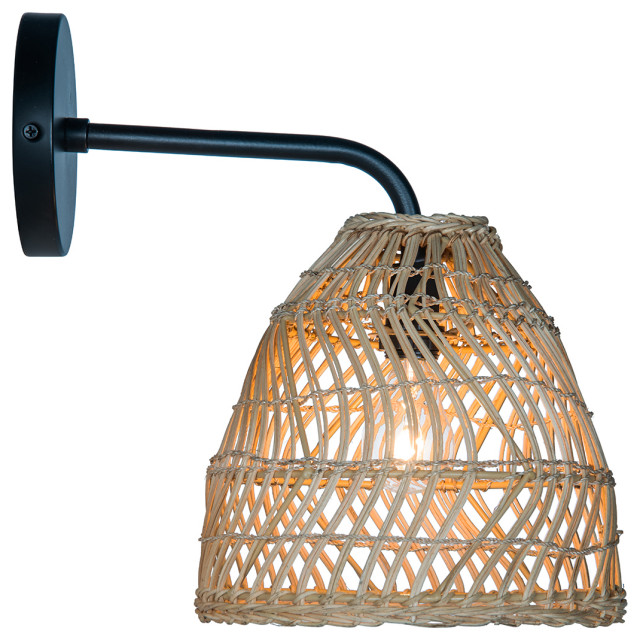 Luhu Open Weave Cane Rib Bell Sconce Wall Lamp, Natural Tropical