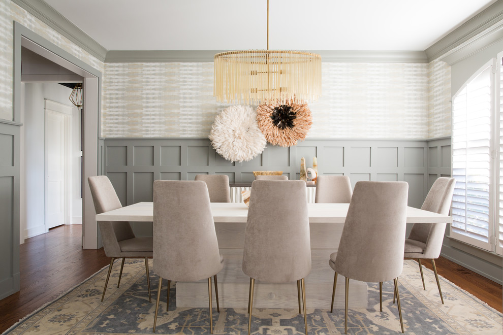 Enclosed dining room - transitional dark wood floor enclosed dining room idea in Chicago with green walls