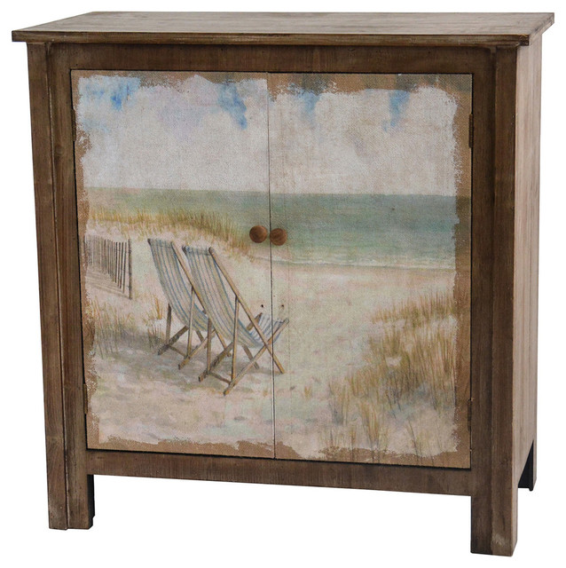 Gulf Breeze Rustic Wood Painted Canvas Beach Scene 2 Door Cabinet