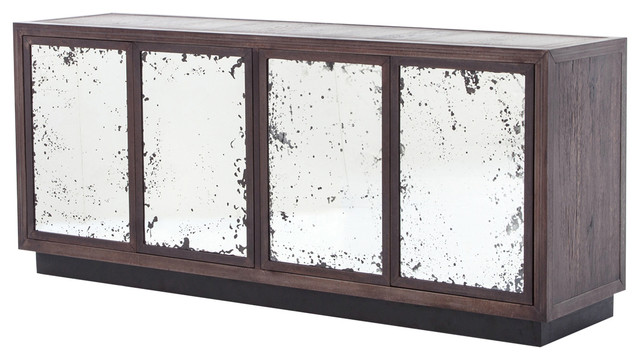 Keith Industrial Loft Antique Mirror 4 Door Iron Oak Media Console