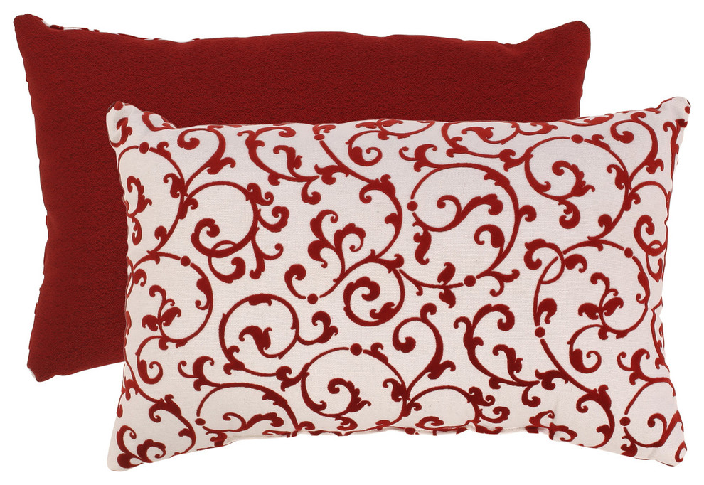 Red/ White Flocked Damask Rectangular Throw Pillow