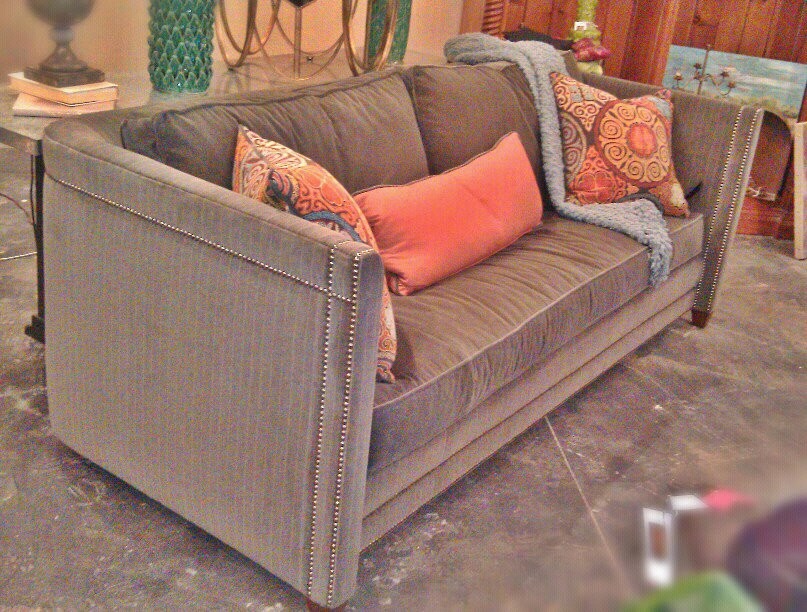 Custom Vladimir Pinstripe Graphite Sofa with Custom Nailhead Trim