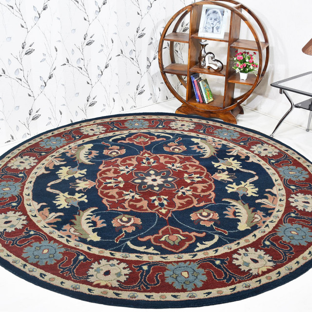 Hand Tufted Wool Area Rug Oriental Blue Red, [Round] 8'x8