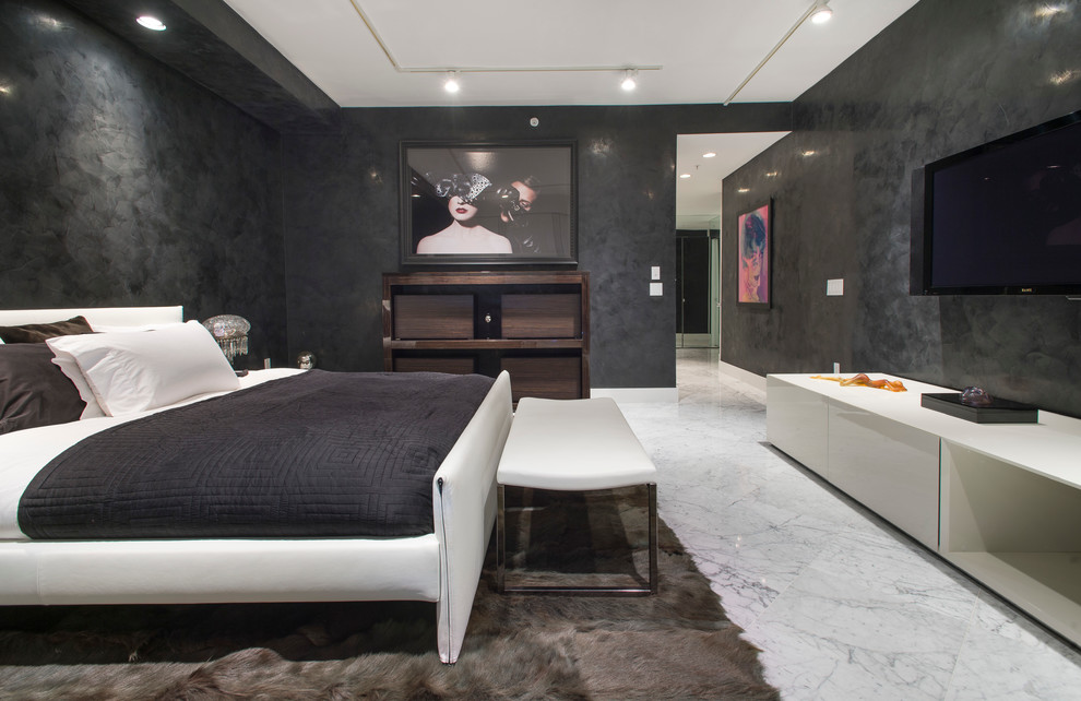 Inspiration for a large contemporary master bedroom in Boston with grey walls and marble floors.
