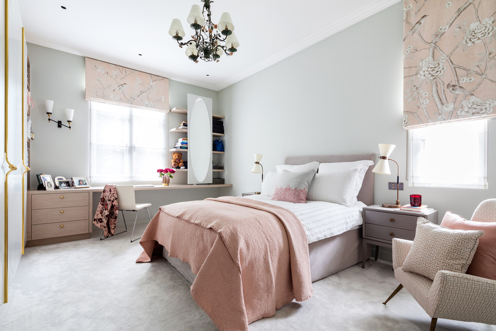 Design ideas for a transitional bedroom in London with grey walls, carpet and grey floor.