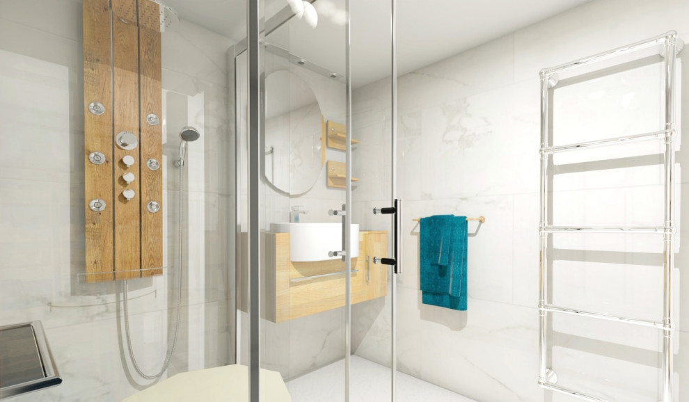 Diseño de cuarto de baño minimalista con ducha a ras de suelo, baldosas y/o azulejos blancas y negros, suelo de baldosas de cerámica y lavabo suspendido