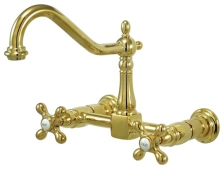 Kingston Brass Two-Handle Wall Mount Bridge Kitchen Faucet, Polished Brass