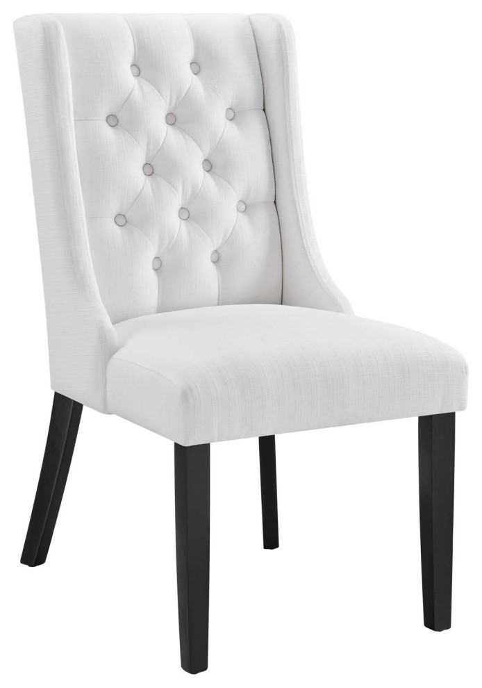 Button Tufted Fabric Dining Chair, White Transitional