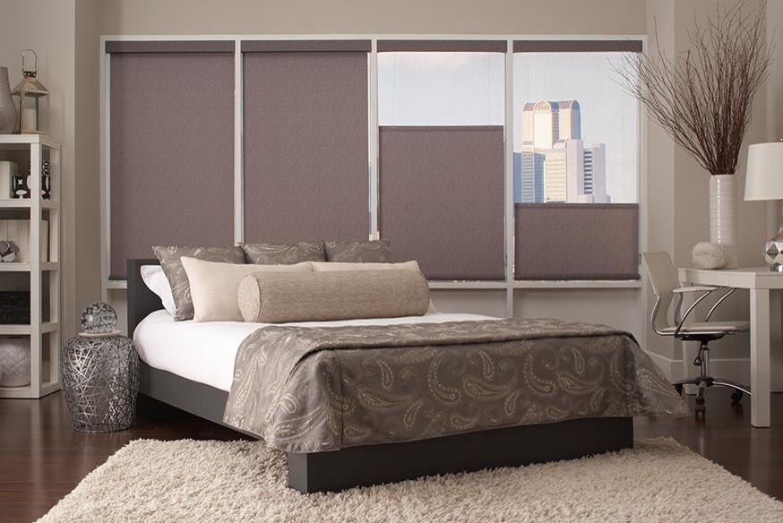Inspiration for a mid-sized modern master bedroom in Denver with beige walls and dark hardwood floors.