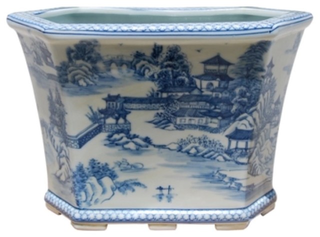 Beautiful Blue and White Blue Willow Landscape Porcelain Hexagonal Pot