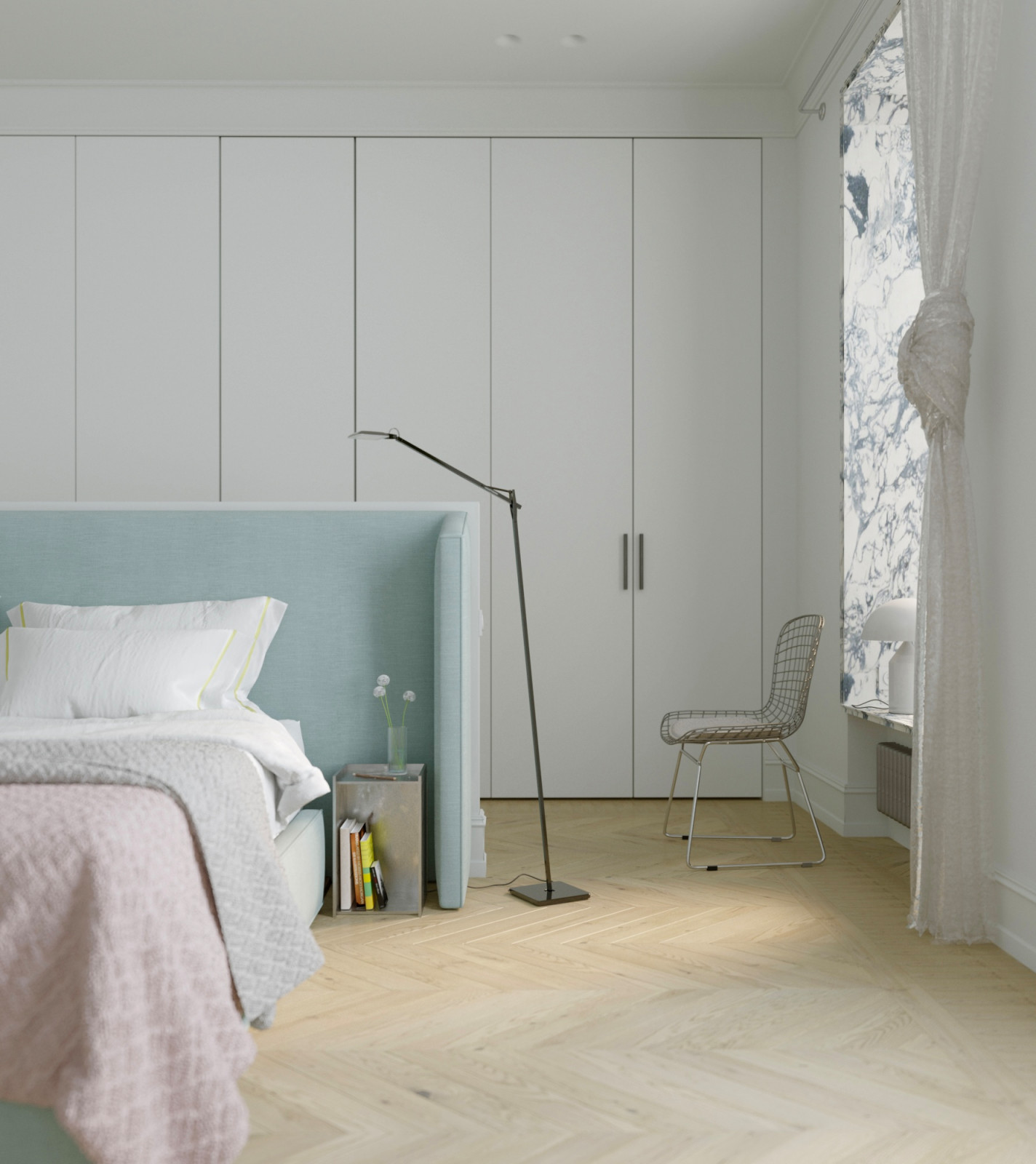 Интерьер спальни с отдельно стоящей кроватью.