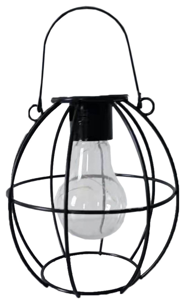 6" Black Geometric Outdoor Hanging Solar Lantern With Handle