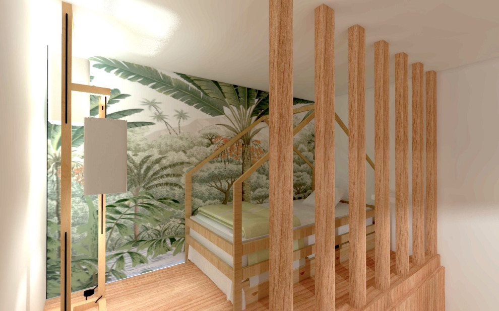 Inredning av ett minimalistiskt mellanstort könsneutralt barnrum kombinerat med sovrum och för 4-10-åringar, med flerfärgade väggar och linoleumgolv