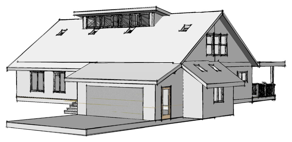 Front View showing garage workshop pop-out bay; second story clerestory window